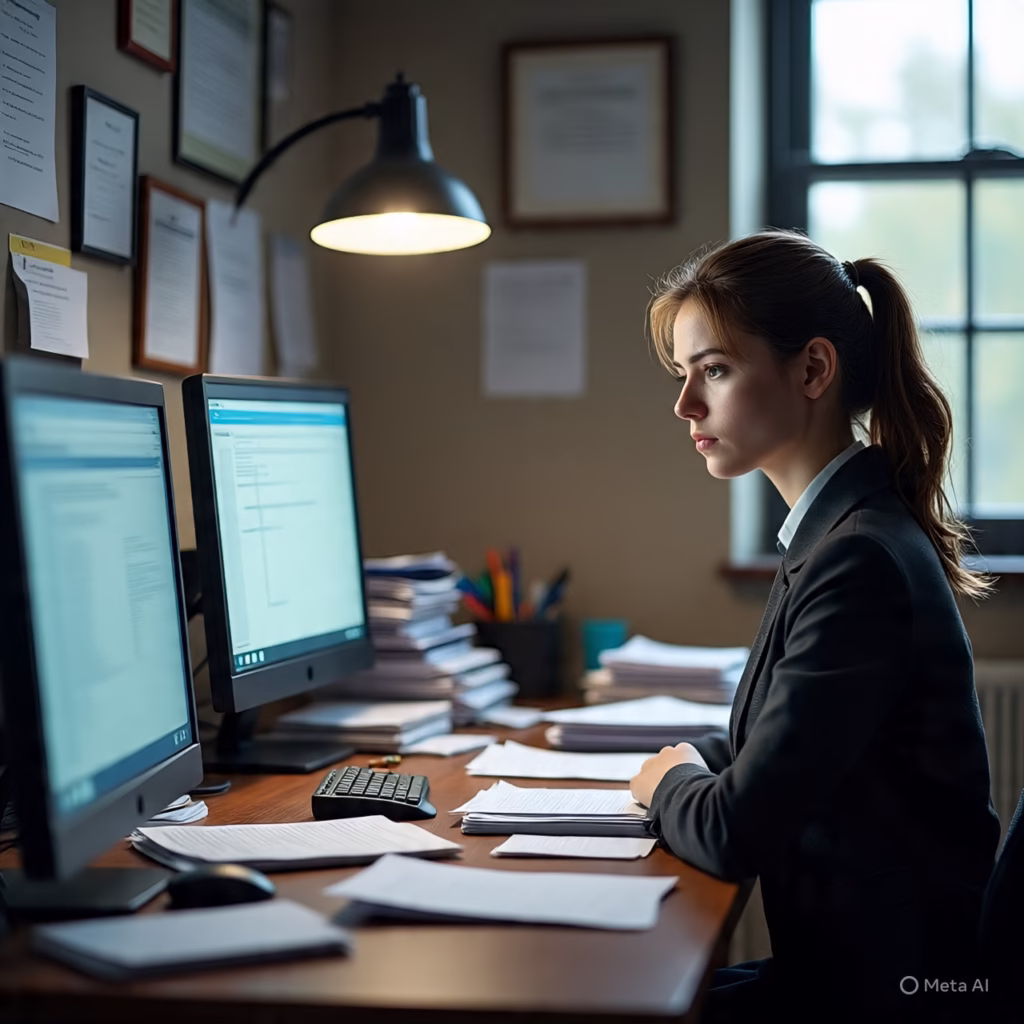 A stressed employee feeling stuck in a toxic job, sitting at a desk with papers and glowing screens.