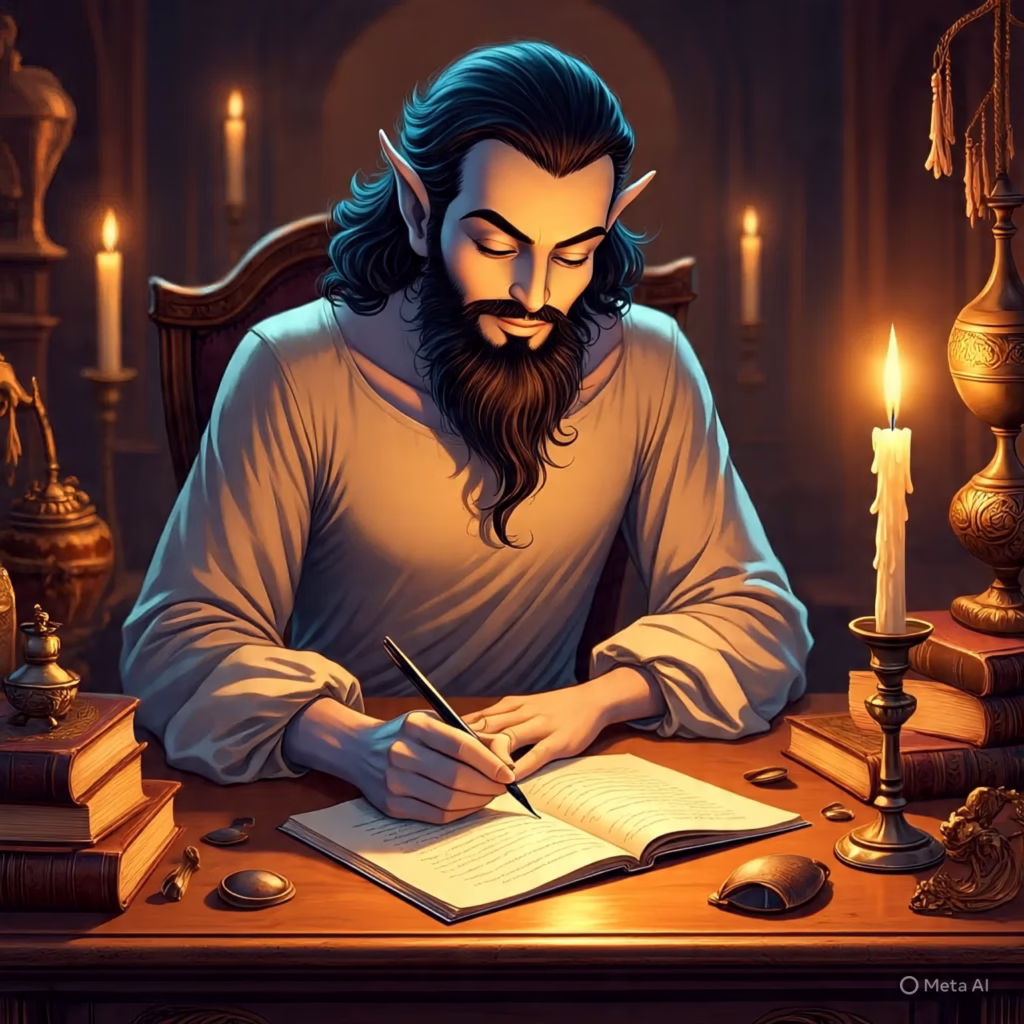 Genie writing a magical career clarity newsletter at a glowing desk