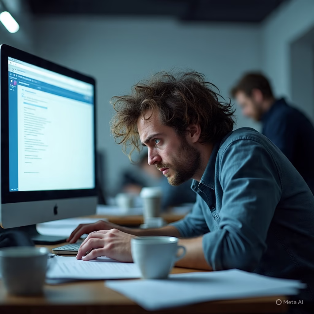 Burned out employee in tech workspace