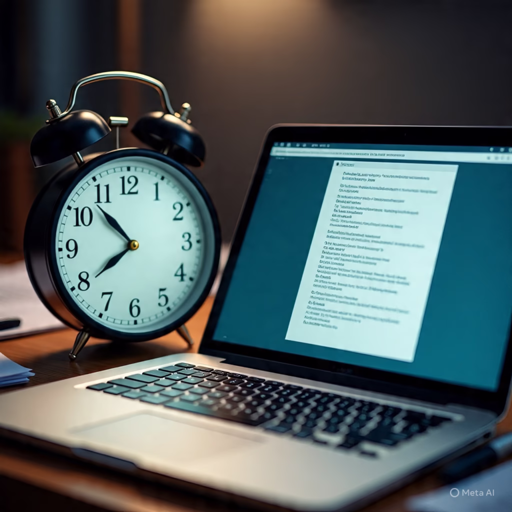 Clock and laptop showing late work hours